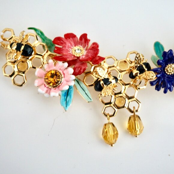 Necklace with colorful flowers, faceted stones and honey bees - Picture 2 of 6